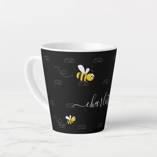 Tasse Latte Black happy bumble abeilles été fun humour monogra (Angle gauche)