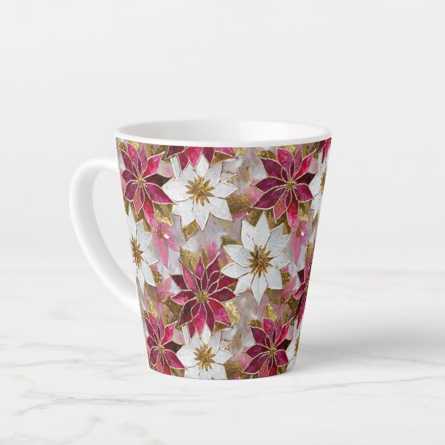 Tasse Latte Blanc Or Bourgogne rose Poinsettias de Noël (Angle gauche)