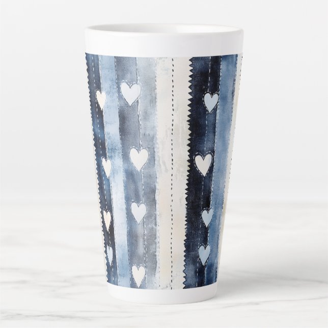 Tasse Latte Bleu Blanc Denim Coeur rayures Anniversaire (Devant)