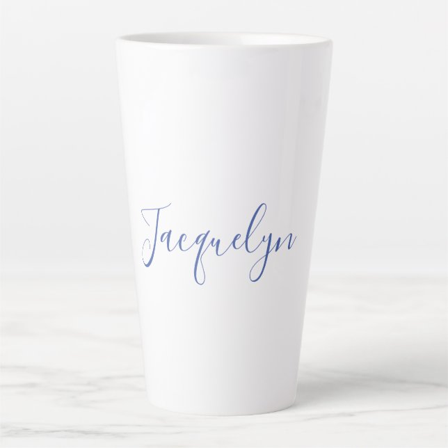 Tasse Latte Bleu Blanc Plaine Élégant Moderne Calligraphie Nom (Devant)