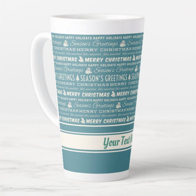 Tasse Latte Bleu et blanc Joyeux Noël Retro Typographie (Angle gauche)
