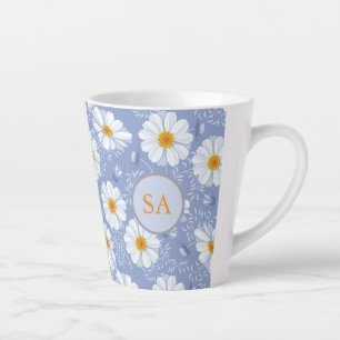 Tasse Latte Bleu Floral Monographique, Orange, Blanc