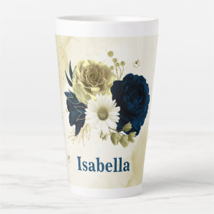 Tasse Latte bleu marine ivoire fleurs or monogramme
