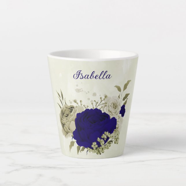 Tasse Latte Bleu royal beige floral  (Devant)