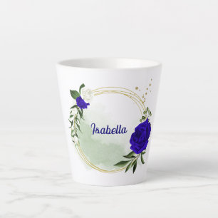 Tasse Latte bleu royal & fleurs blanches verdure