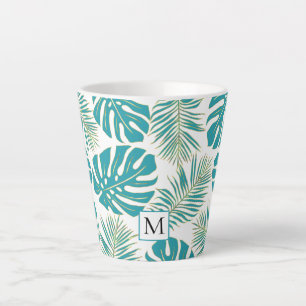 Tasse Latte Bleu tropical, feuilles or et monogramme