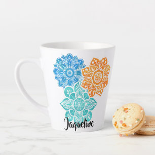 Tasse Latte Bleu Turquoise Orange Colorée Floral Mandalas
