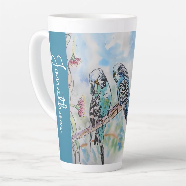 Tasse Latte Blue Budgie Budgies Parrots Husbands Mens Name (Angle gauche)