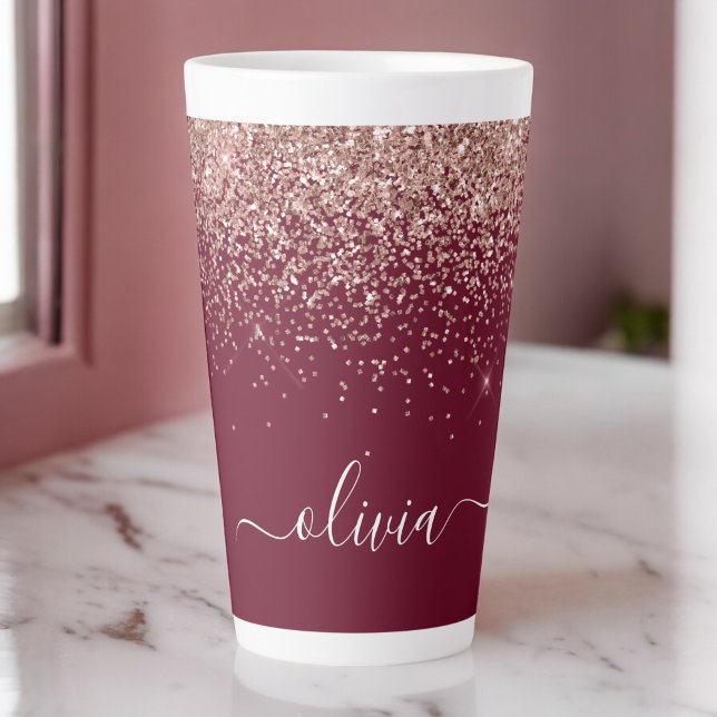 Tasse Latte Blush Rose Gold Fard à Joues Paillettes Monogramme (Créateur téléchargé)