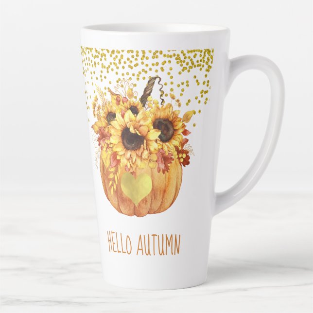Tasse Latte Bonjour Automne Aquarelle Citrouille de tournesol (Droite)
