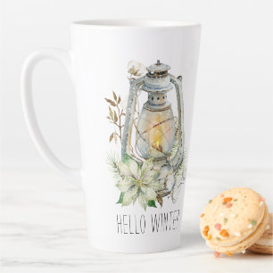 Tasse Latte Bonjour hiver Aquarelle brillante neige lançante