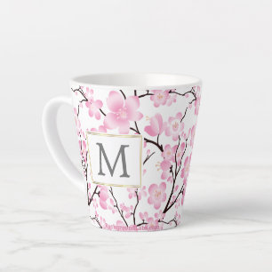 Tasse Latte boue de cerisier rose blanc initial personnalisabl