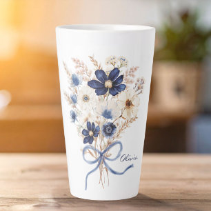 Tasse Latte Bouquet de fleurs bleu marine aquarelle personnali