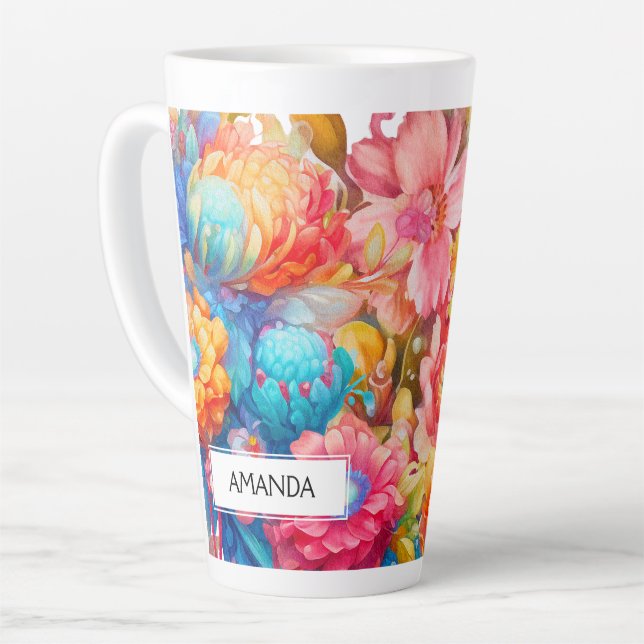 Tasse Latte Bouquet de fleurs orange et bleu Boho (Angle gauche)