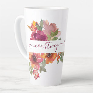 Tasse Latte Bourgogne et orange aquarelle florale personnalisé