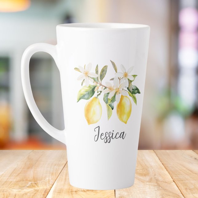 Tasse Latte Branche d'arbre Fleurs Blanches Fruits Citron Mono (In situ)