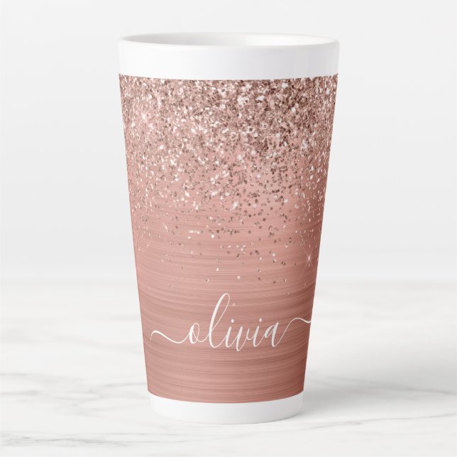 Tasse Latte Brushed metal rose Gold Pink Glitter Monogram (Devant)