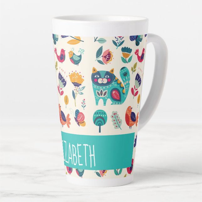 Tasse Latte Budget Pretty Girly Cats Folk Art Style AJOUTER LE (Angle droit)