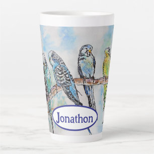 Tasse Latte Budgie Budgies Oiseau Aquarelle Peinture Oiseaux H