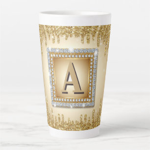 Tasse Latte ✨ Cadre de monogramme de nom en or diamant ✨