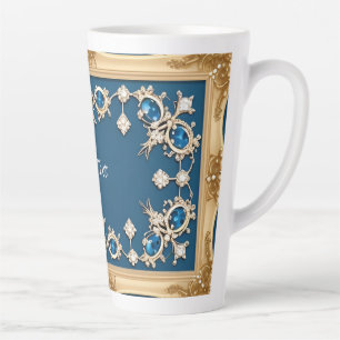 Tasse Latte Cadre Or Élégant Orné De Pierres Bleues
