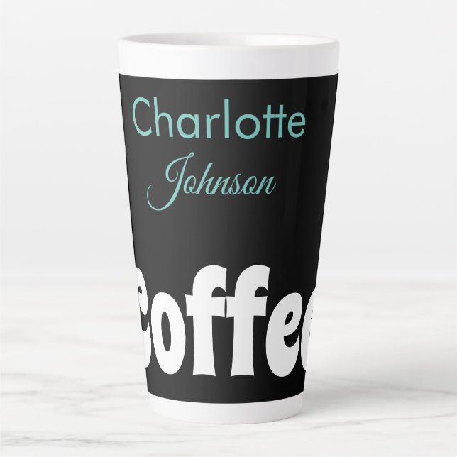Tasse Latte Café | Nom Stylish Black Turquoise Typographie (Devant)
