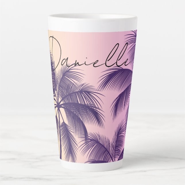 Tasse Latte Cali moderne Tropical Pastel Rose Sunset Palm Tree (Devant)