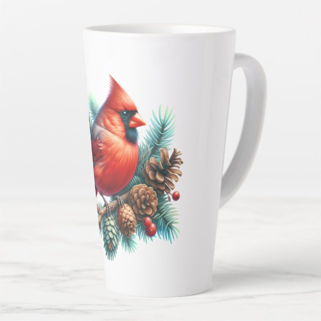 Tasse Latte Cardinal sur la branche des pins avec les baies d' (Angle droit)