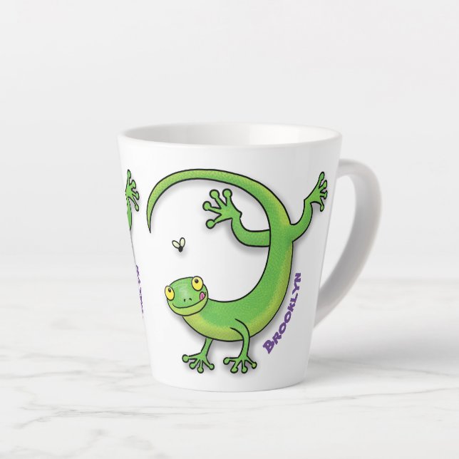 Tasse Latte Caricature de lézard gecko vert joyeux personnalis (Angle droit)