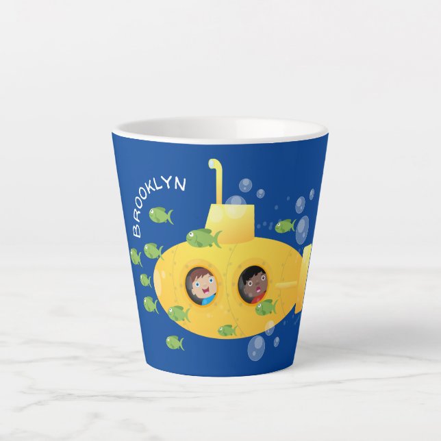 Tasse Latte Caricature de poisson sous-marin jaune mignon (Devant)