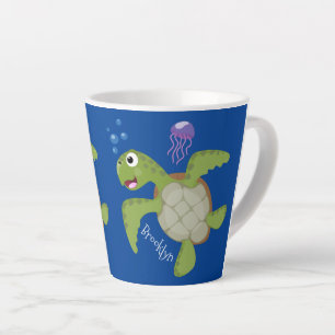 Tasse Latte Caricature joyeuse de tortue de mer verte mignonne