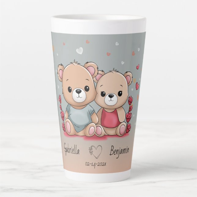 Tasse Latte Cartoon mignon Teddy Lovers Coeurs Saint Valentin (Devant)