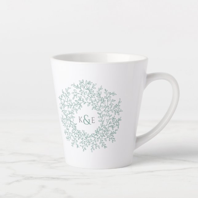 Tasse Latte Cercle vert feuille mariage cadeau monogramme (Droite)