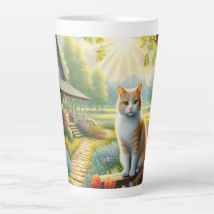 Tasse Latte Chalet de printemps/jardin & chat