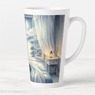 Tasse Latte Chambre côtière éclairée par la lune avec un chat