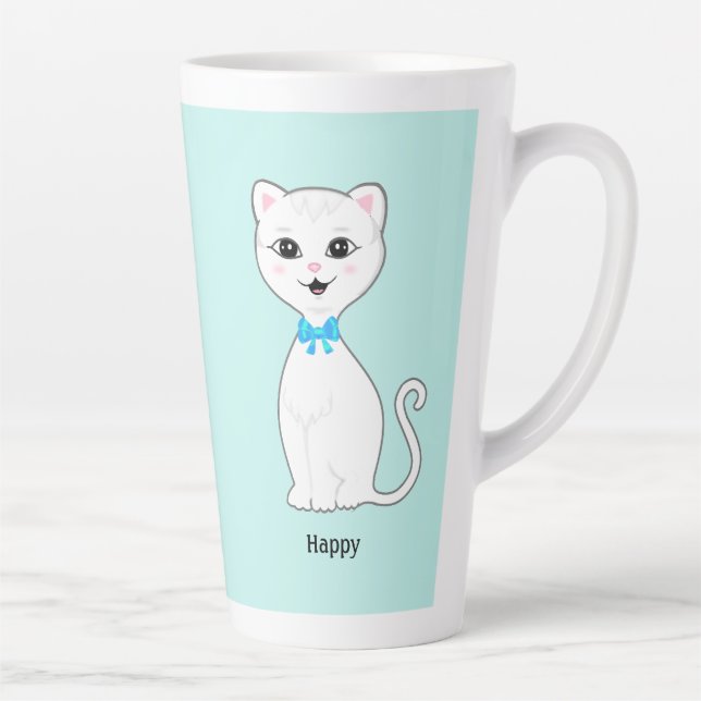 Tasse Latte Chat blanc sur bleu clair (Droite)
