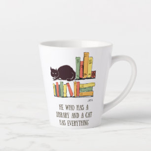 Tasse Latte Chat de bibliothèque - Chat noir tiré à la main av
