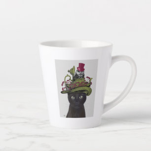 Tasse Latte Chat noir avec théière et hibou