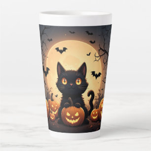 Tasse Latte Chat Noir Citrouille Halloween Lune Nuit 🐈⬛