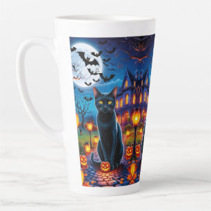 Tasse Latte Chat noir dans le paysage enchanté d'Halloween