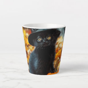 Tasse Latte Chat noir d'Halloween et Citrouille
