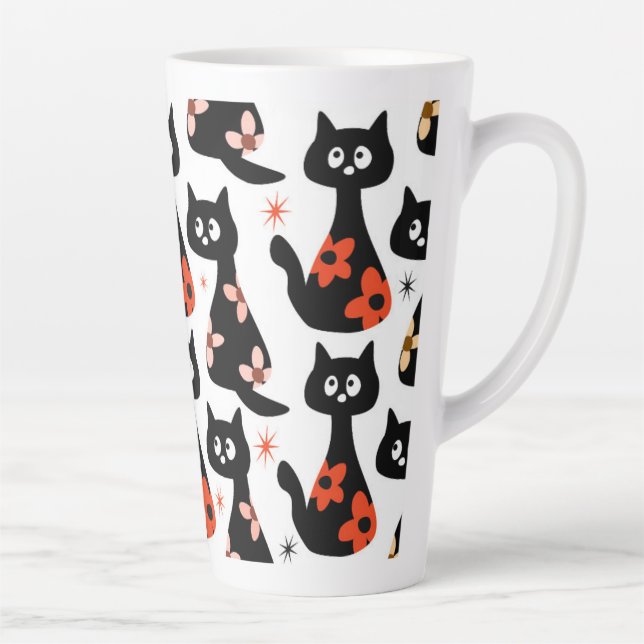 Tasse Latte Chat noir floral rétro (blanc) (Droite)