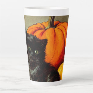 Tasse Latte Chat noir vintage d'Halloween et Citrouilles