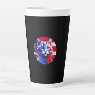 Tasse Latte Chat Rouge Blanc & Bleu avec fond de drapeau améri