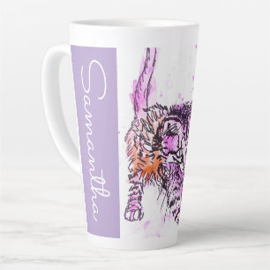 Tasse Latte Chat tigré peint à la main chats laine violette aq