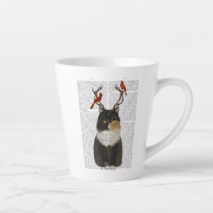 Tasse Latte Chat Tortoiseshell avec Antlers et Red Birds