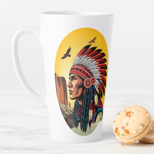 Tasse Latte Chef amérindien sur paysage sauvage coucher de sol (En situation)