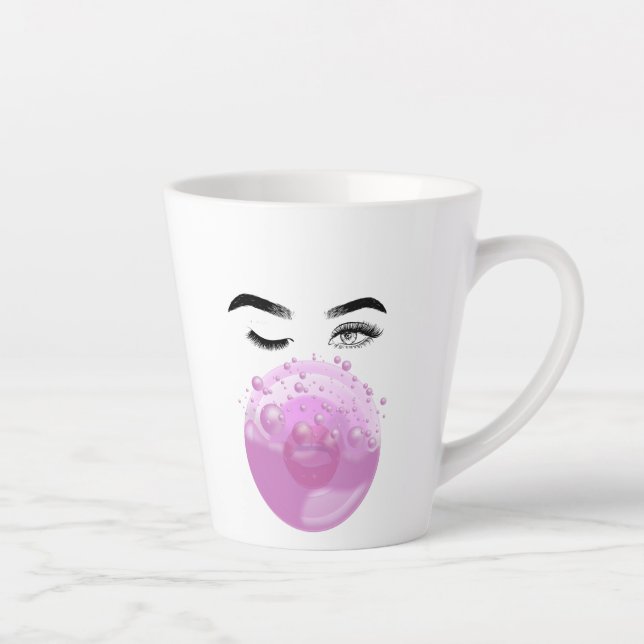 Tasse Latte Chewing-gum rose en bulle soufflé par une femme (Droite)