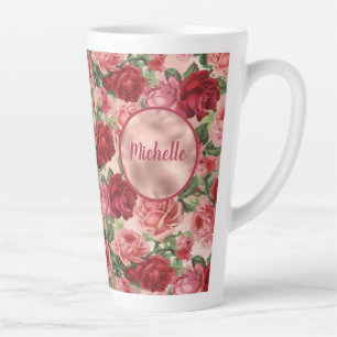 Tasse Latte Chic Elegant Vintage Rose Rouge Roses Nom Floral
