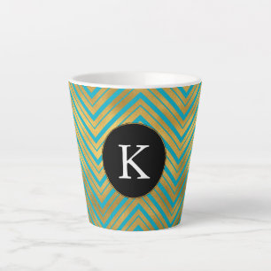 Tasse Latte Chic Turquoise Aqua Blue Gold Chevron Monogram